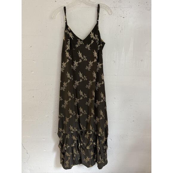 Sue Wong Dress Womens Large Brown Gold Leaf Print Silk Blend Ruffle Hem USA - Picture 1 of 7
